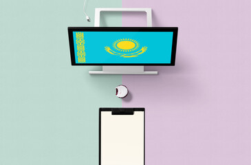 Kazakhstan national flag on computer screen top view, cupcake and empty note paper for planning. Minimal concept with turquoise and purple background.