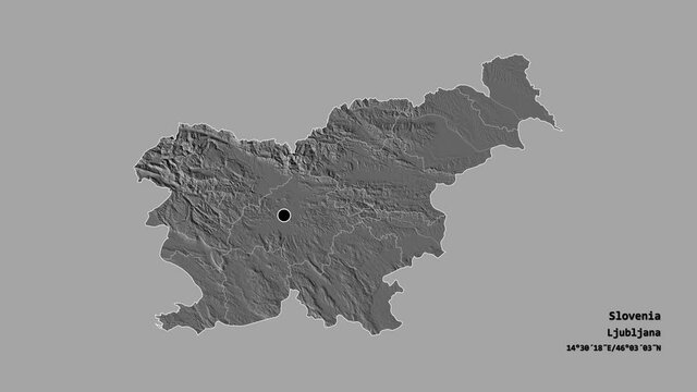 Savinjska, statistical region of Slovenia, with its capital, localized, outlined and zoomed with informative overlays on a bilevel map in the Stereographic projection. Animation 3D