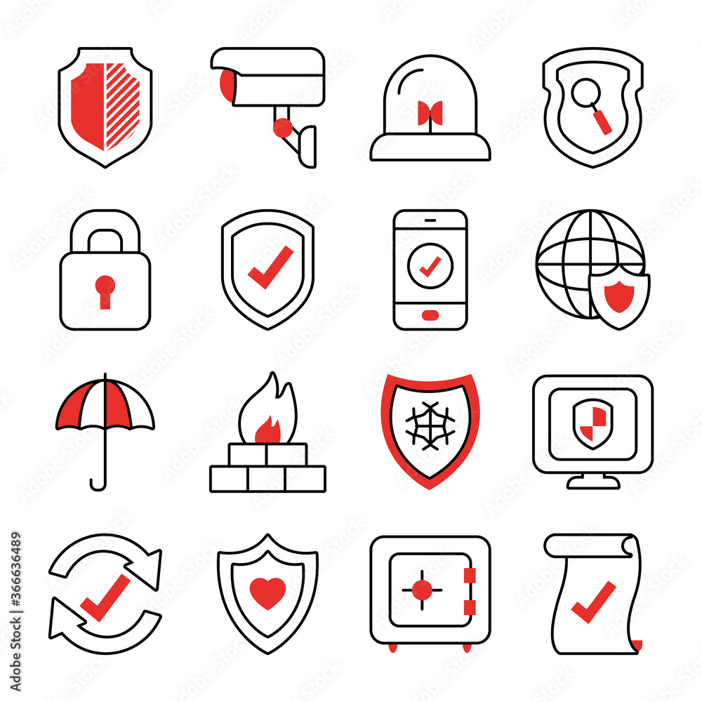Fototapete security camera and security shield icon set, half line half color style