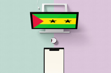 Sao Tome And Principe national flag on computer screen top view, cupcake and empty note paper for planning. Minimal concept with turquoise and purple background.