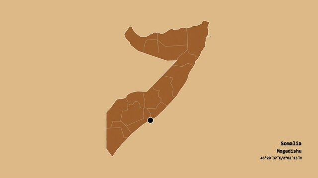 Bay, region of Somalia, with its capital, localized, outlined and zoomed with informative overlays on a solid patterned map in the Stereographic projection. Animation 3D