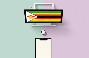Zimbabwe national flag on computer screen top view, cupcake and empty note paper for planning. Minimal concept with turquoise and purple background.