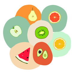 Fresh fruits cut in half orange, apple, pink grapefruit, watermelon, kiwi, pear, avocado, and lime.
A decorative fruite set.