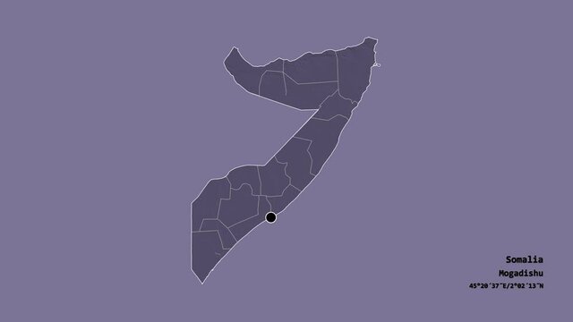 Jubbada Hoose, region of Somalia, with its capital, localized, outlined and zoomed with informative overlays on a administrative map in the Stereographic projection. Animation 3D