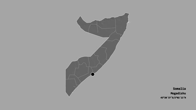 Jubbada Hoose, region of Somalia, with its capital, localized, outlined and zoomed with informative overlays on a bilevel map in the Stereographic projection. Animation 3D