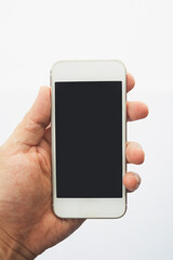 hand with cell phone front view, white background