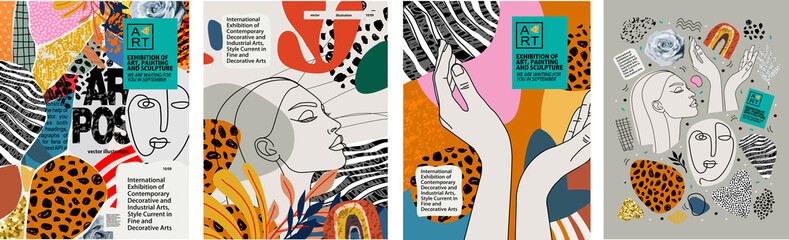 Abstract art posters for an art exhibition: music, literature or painting. Vector illustrations of shapes, portraits of people, hands, spots and textures for backgrounds  © Ardea-studio
