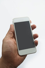 hand with cellphone tilted front view, white background
