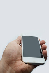 hand with cell phone perspective view, white background