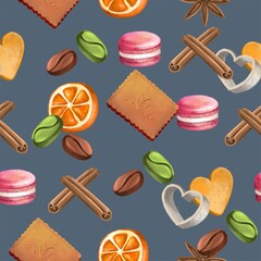 pattern new year Christmas. Sweets. Oranges. coffee. cinnamon. cookies. macaroon. Christmas tree. cocoa. marshmallow.
