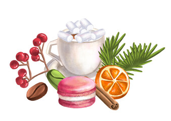 Flowers bouquet new year Christmas isolated on white background. Christmas tree. macaroon. orange. cinnamon. coffee. cocoa. marshmallow. cookies.