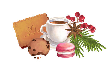 Flowers bouquet new year Christmas isolated on white background. Christmas tree. macaroon. orange. cinnamon. coffee. cocoa. marshmallow. cookies.