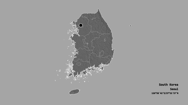 Daejeon, metropolitan city of South Korea, with its capital, localized, outlined and zoomed with informative overlays on a bilevel map in the Stereographic projection. Animation 3D