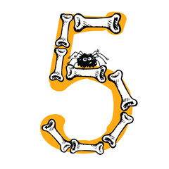 Number 5. The number five isolated on a white background laid out the bones with a spider. Vector illustration for decor, advertising, t-shirt print, Halloween