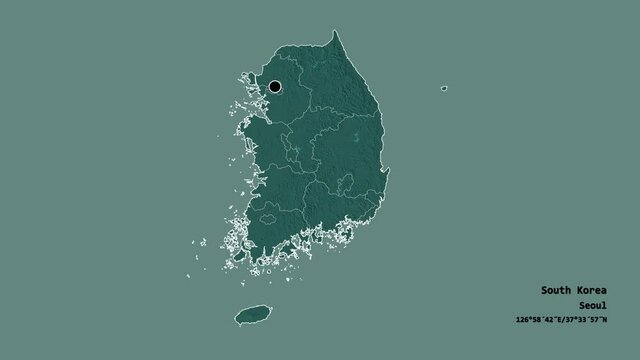 Gyeongsangbuk-do, province of South Korea, with its capital, localized, outlined and zoomed with informative overlays on a administrative map in the Stereographic projection. Animation 3D
