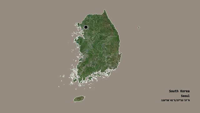 Gyeongsangbuk-do, province of South Korea, with its capital, localized, outlined and zoomed with informative overlays on a satellite map in the Stereographic projection. Animation 3D
