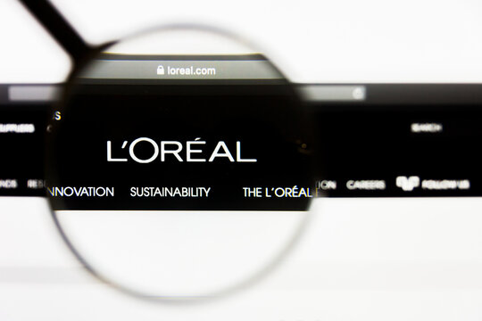 Los Angeles, California, USA - 13 March 2019: Illustrative Editorial, LOreal Group website homepage. LOreal Group logo visible on display screen