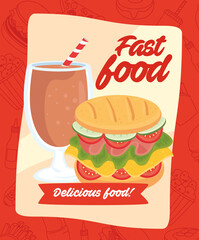 fast food poster, hamburger and delicious beverage