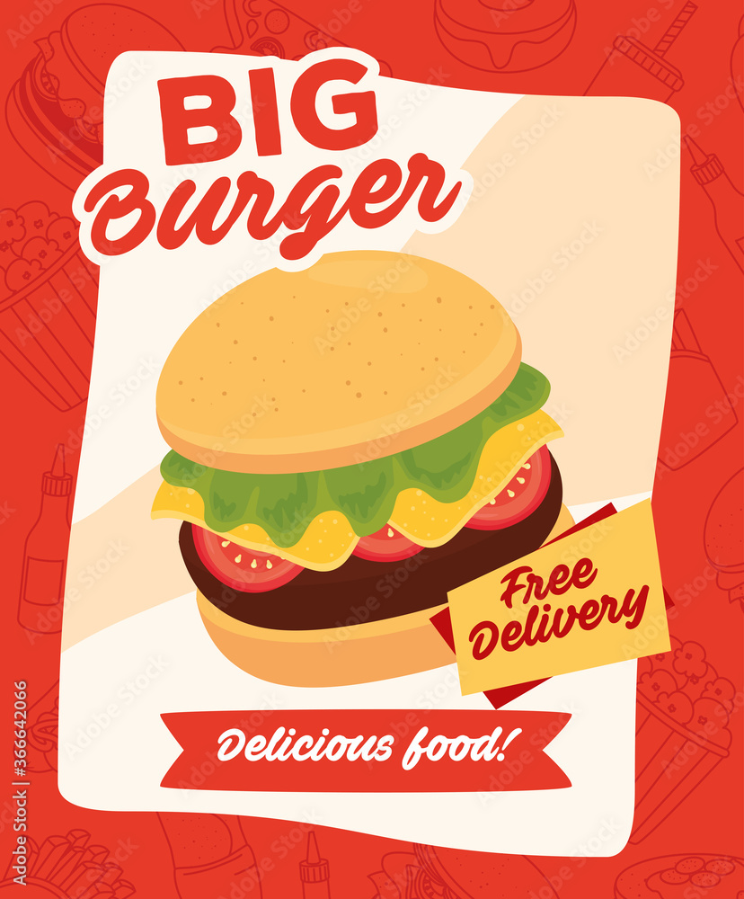 Wall mural fast food poster, free delivery, with delicious big burger