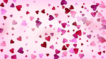 Red, Pink Hearts Vector Confetti. Valentines Day Wedding Pattern. Trendy Gift, Birthday Card, Poster Background Valentines Day Decoration with Falling Down Hearts Confetti. Beautiful Pink Design