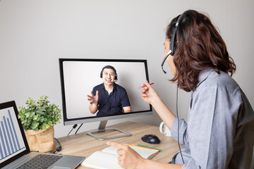 Concept photo of telemeeting conference for business woman talking with client or team showing computer screen which is lifestyle working in digital communication for global networking from anywhere