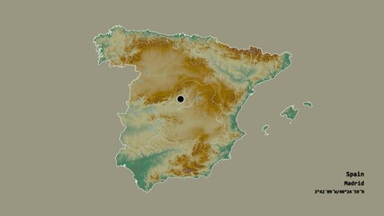 Aragón, autonomous community of Spain, with its capital, localized, outlined and zoomed with informative overlays on a relief map in the Stereographic projection. Animation 3D