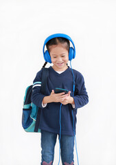 Portrait happy asian little kid girl enjoy with smartphone and headphones isolated on white background