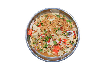 Spicy Instant Noodle Salad in aluminium tray isolated on white background - Thai food