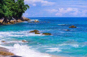 Landscape Beach Sea, Phuket, Thailand. Landscape view of beach sea sand and sky in summer day. Beach space area. At Karon Beach, Phuket, Thailand. On 20 August 2020. 