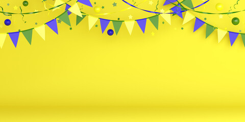Happy Independence Day of Brazil decoration background, greeting card, banner, template, flyer, balloon, star and ribbon, Bunting flags, confetti on yellow, copy space text, 3D illustration.