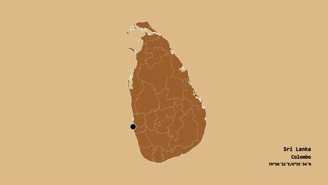 Batticaloa, district of Sri Lanka, with its capital, localized, outlined and zoomed with informative overlays on a solid patterned map in the Stereographic projection. Animation 3D
