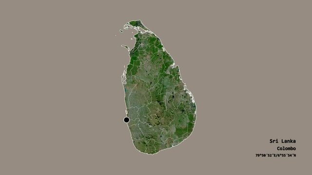 Batticaloa, district of Sri Lanka, with its capital, localized, outlined and zoomed with informative overlays on a satellite map in the Stereographic projection. Animation 3D