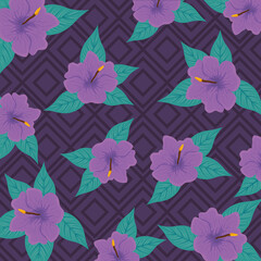 tropical background, hibiscus purple color, with tropical leaves
