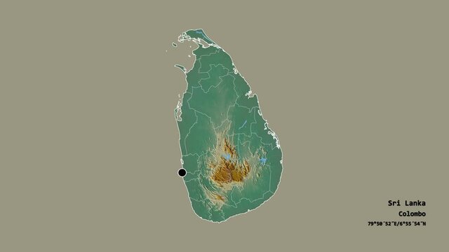 Mannar, district of Sri Lanka, with its capital, localized, outlined and zoomed with informative overlays on a relief map in the Stereographic projection. Animation 3D