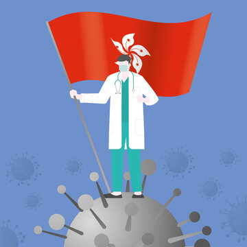 Medical victory concept. The doctor holds the HONGKONG flag. Standing on virus COVID-19 coronavirus.
