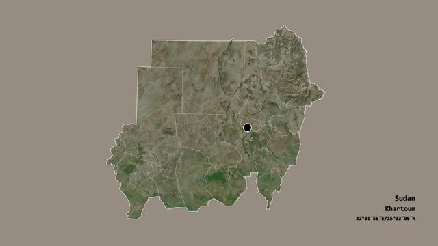 Blue Nile, state of Sudan, with its capital, localized, outlined and zoomed with informative overlays on a satellite map in the Stereographic projection. Animation 3D