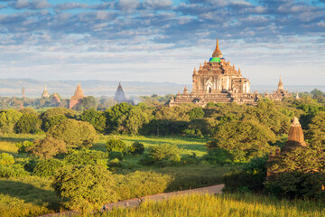 Pagoda landscape of Bagan in misty morning, Pagoda landscape under a warm sunrise in the plain of...
