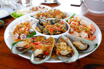 Seafood with spicy sauce.
