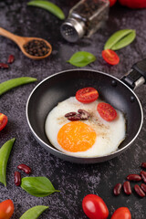 Fried egg in a frying pan.