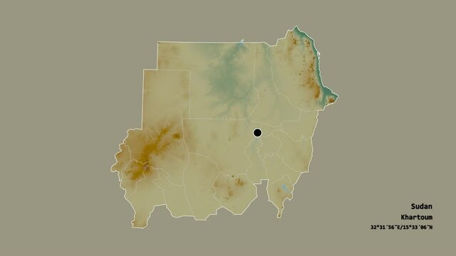 River Nile, state of Sudan, with its capital, localized, outlined and zoomed with informative overlays on a relief map in the Stereographic projection. Animation 3D