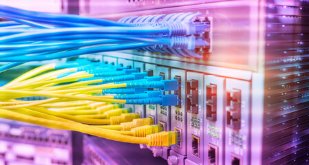 Fiber Optic cables connected to optic ports and UTP, Network cables connected to ethernet ports.