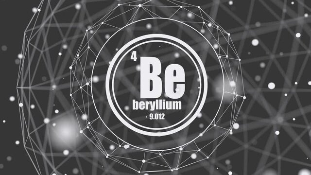 Beryllium chemical element of periodic table. Sign with atomic number and atomic weight.  Molecule and communication background. Connected lines with dots.