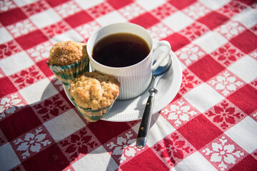 Black coffee in porcelain cup and saucer on red and white country cloth with mini muffins. 