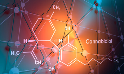 Cannabidiol or CBD molecular structural chemical formula. Connected lines with dots background. 3D rendering