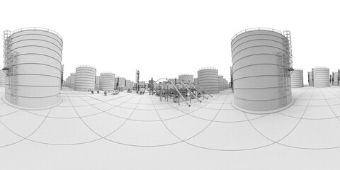 spherical panorama of the oil refinery, chemical production, waste processing plant, exterior visualization, 3D illustration