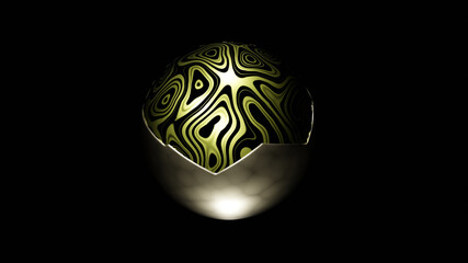 Illustration graphic of abstract seamless loop of 3D render metallic sphere or circle object and shell, with beautiful texture or pattern and studio lighting, isolated on black background.