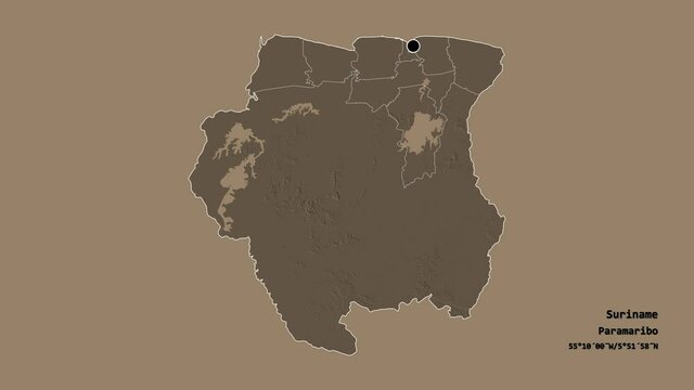 Para, district of Suriname, with its capital, localized, outlined and zoomed with informative overlays on a administrative map in the Stereographic projection. Animation 3D