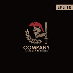 Sparta Gladiator Head Logo With Sword And Leaf Design Vector Template With Luxury