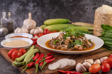 Spicy minced pork in a white plate.