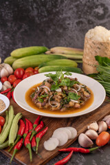 Spicy minced pork in a white plate.